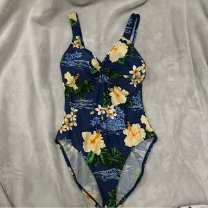 Vintage Retro Blue‎ and Yellow Floral One Piece Swimsuit